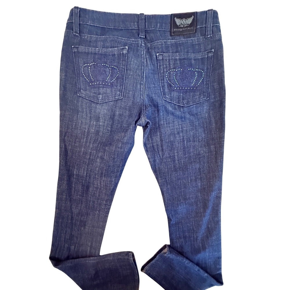 VTG Y2K Rock & Republic Women 29 Berlin Jeans Indigo Crown Pocket Rhinestone